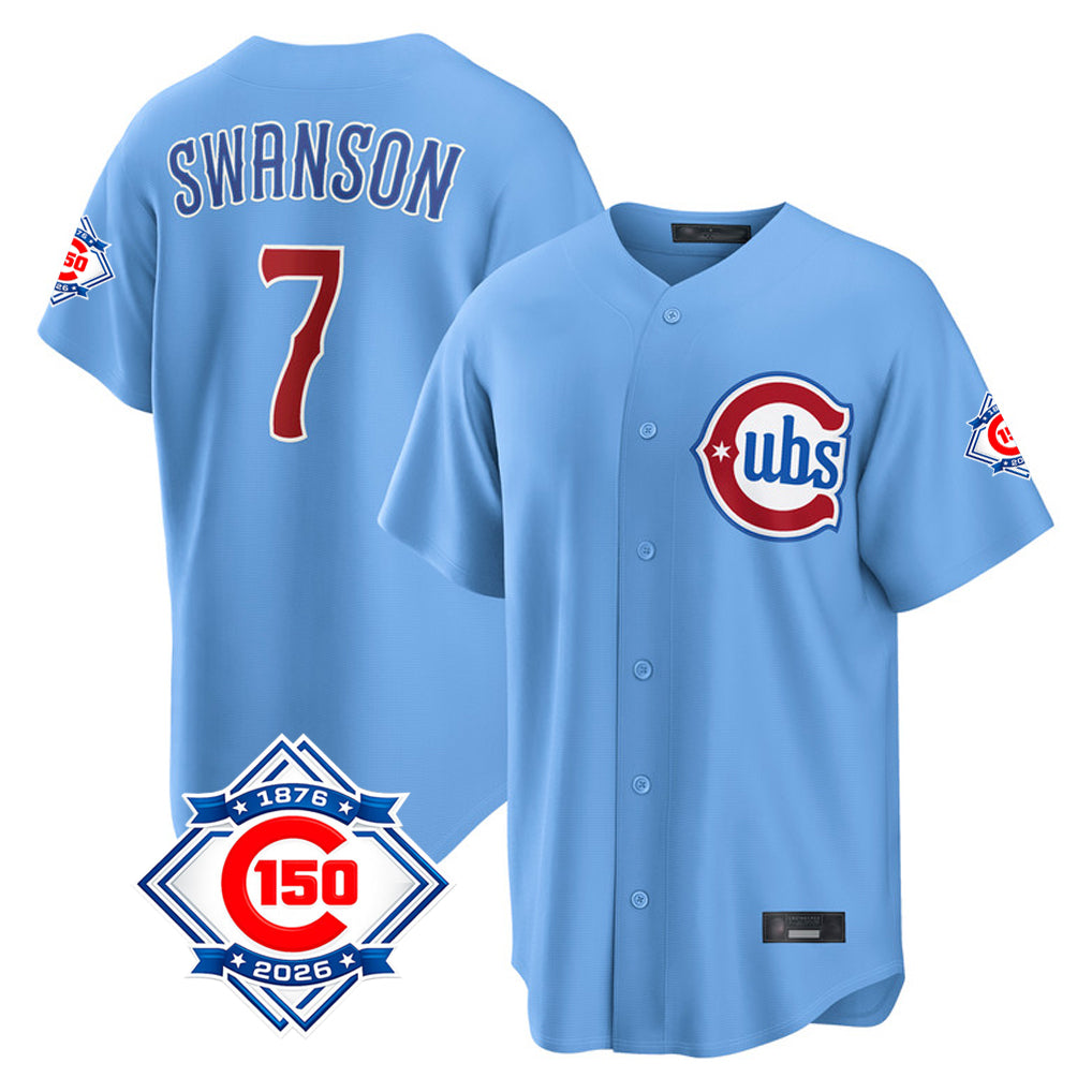 Mdoa C.Cubs #7 Dansby Swanson Player Light Blue 150th Anniversary Home Game Stitched Jerseys