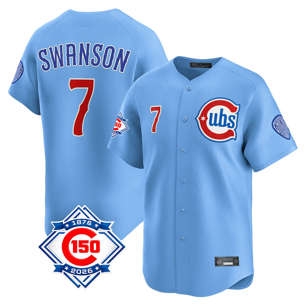Mdoa C.Cubs #7 Dansby Swanson Player Light Blue 150th Anniversary Limited Home Stitched Jerseys