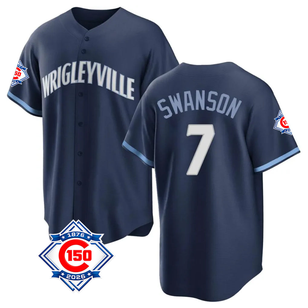 Mdoa C.Cubs #7 Dansby Swanson Player Navy 150th Anniversary City Connect Home Game Stitched Jerseys