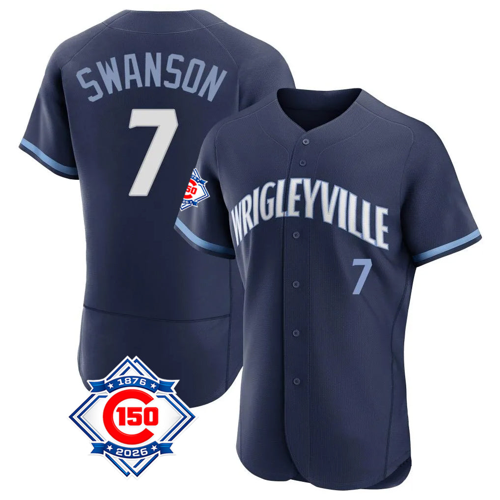 Mdoa C.Cubs #7 Dansby Swanson Player Navy City Connect 150th Anniversary Limited Elite Home Stitched Jerseys