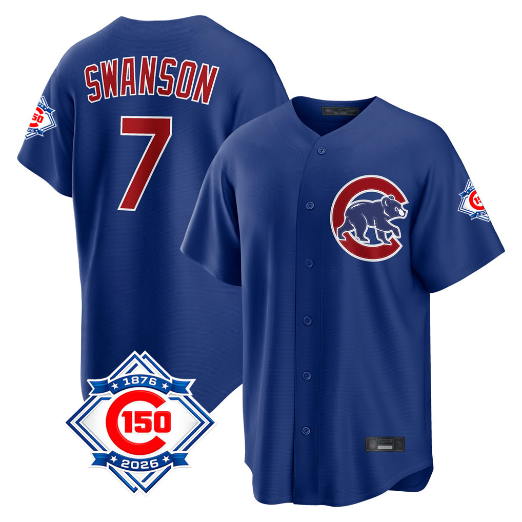 Mdoa C.Cubs #7 Dansby Swanson Player Royal 150th Anniversary Home Game Stitched Jerseys