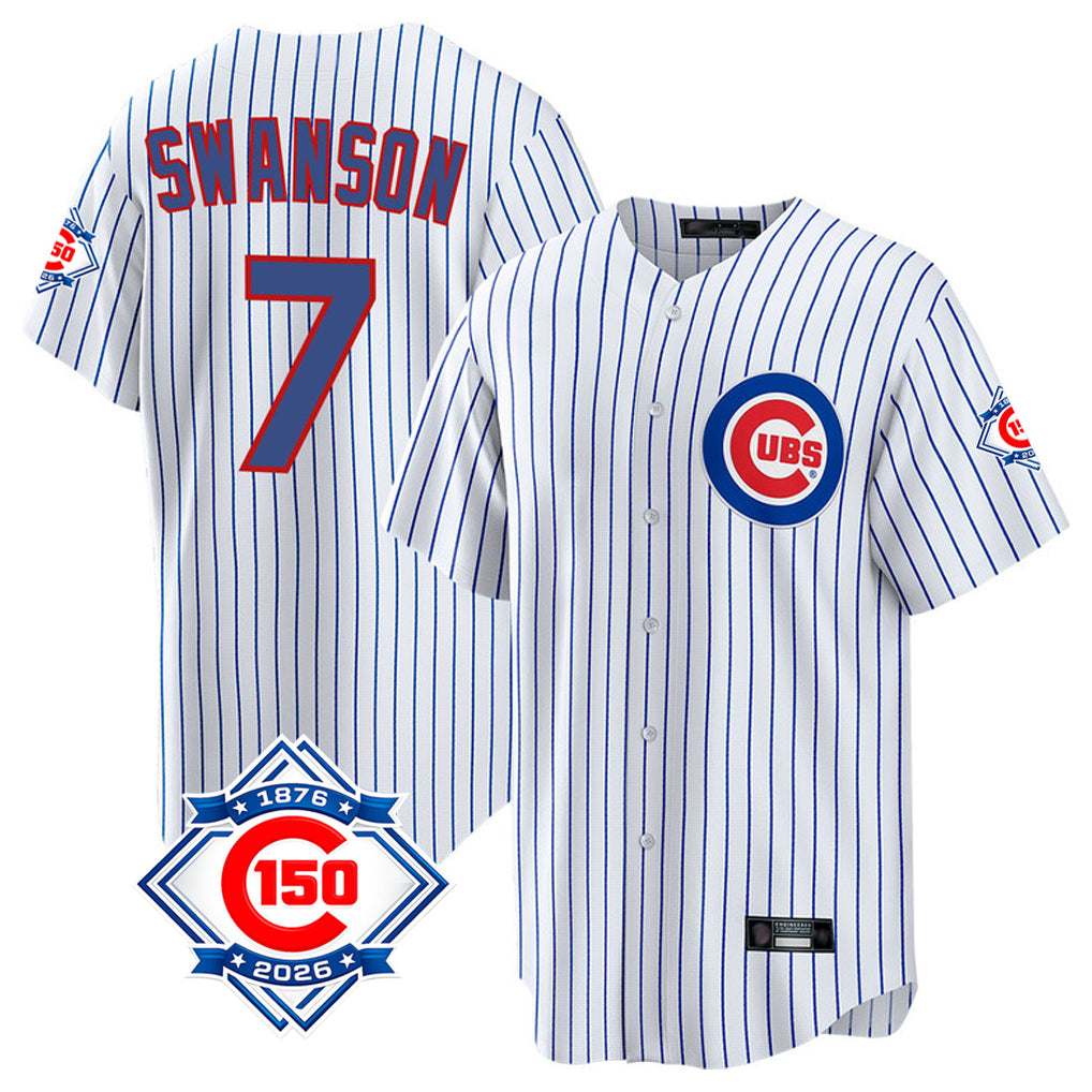 Mdoa C.Cubs #7 Dansby Swanson Player White 150th Anniversary Home Game Stitched Jerseys