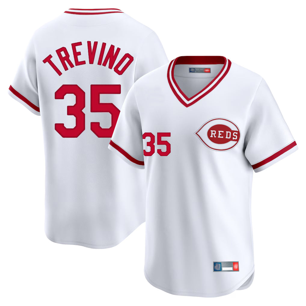 Mdoa C.Reds #35 Jose Trevino Player White Cooperstown Collection Limited T-shirt Home Stitched Jerseys