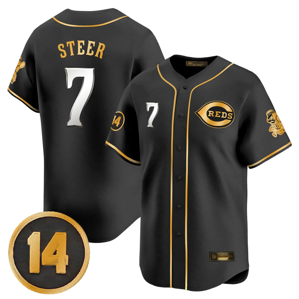 Mdoa C.Reds #7 Spencer Steer Player Black-Gold Vapor Premier Limited Home Stitched Jerseys