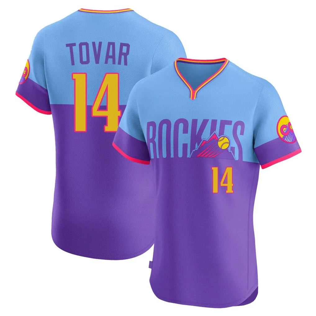 Mdoa C.Rockies #14 Ezequiel Tovar Player Purple-Light Blue City Connect Limited Elite Home T-shirt Stitched Jerseys