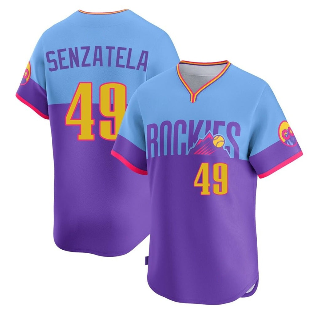 Mdoa C.Rockies #49 Antonio Senzatela Player Purple-Light Blue City Connect Limited Home T-shirt Stitched Jerseys