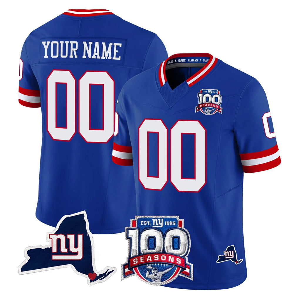 Mdoa Custom NY.Giants Royal 100th Season & State Patch Vapor Limited Home Game Any Name & Numbers Stitched Jerseys