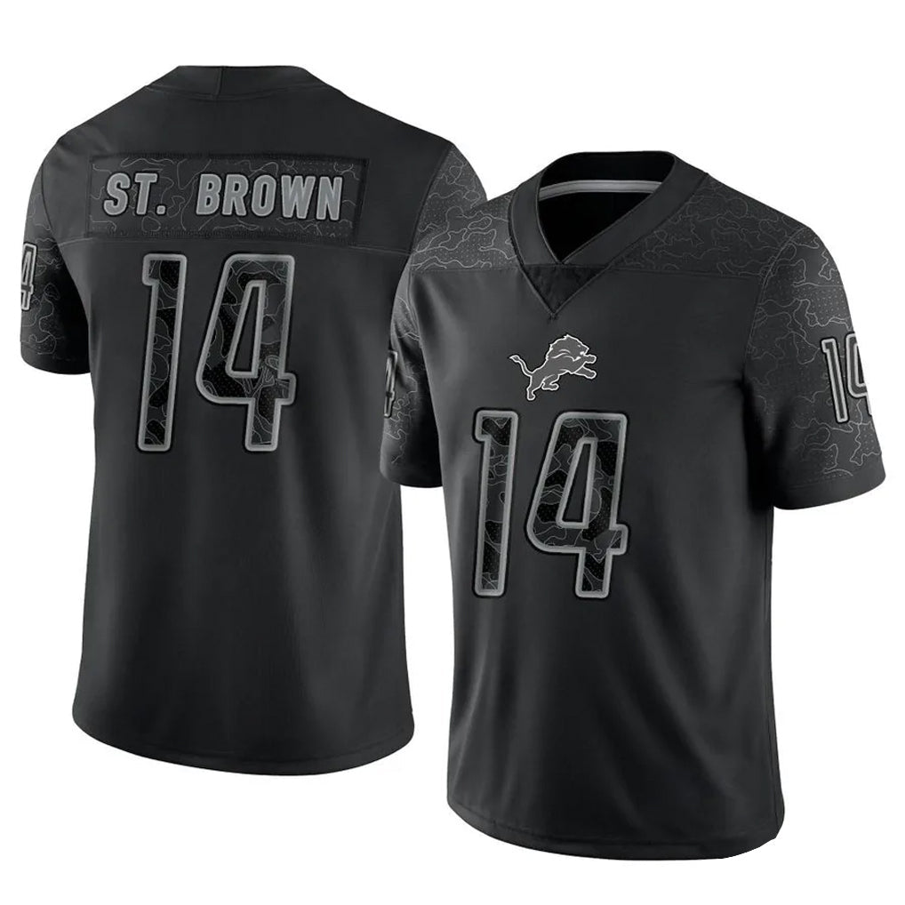 Mdoa D.Lions #14 Amon-Ra St. Brown Player Black REFLECTIVE Limited Stitched Jerseys