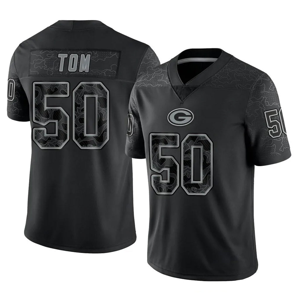 Mdoa GB.Packers #50 Zach Tom Player Black Reflective Limited Home Game Stitched Jerseys