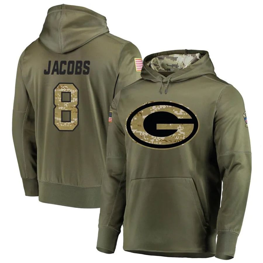 Mdoa GB.Packers #8 Josh Jacobs Player Olive Salute to Service Pullover Hoodie Game Stitched Jerseys