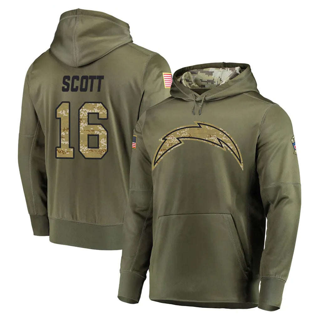 Mdoa LA.Chargers #16 J.K. Scott Player Olive Salute to Service Pullover Hoodies Home Game Stitched Jerseys