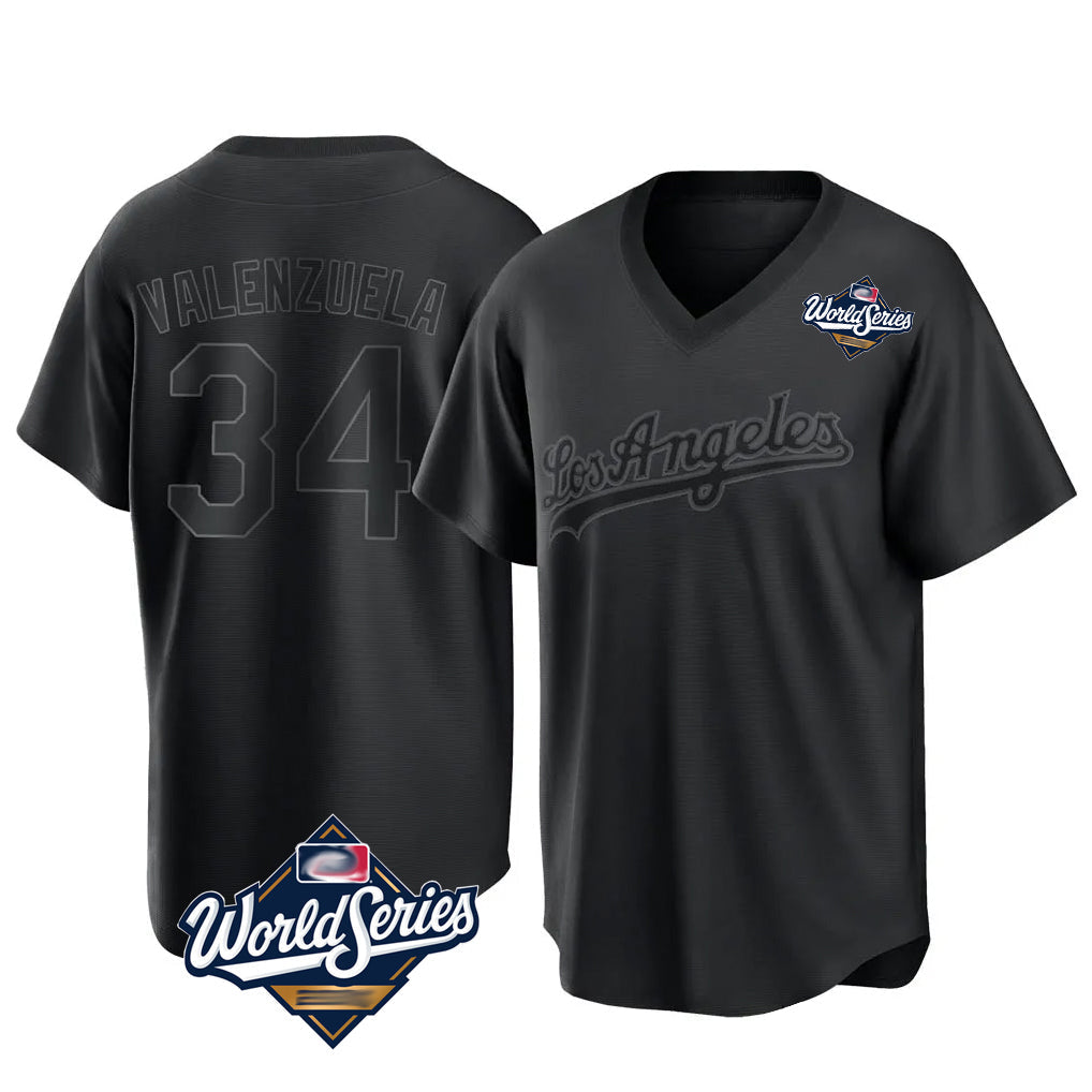 Mdoa LA.Dodgers #34 Fernando Valenzuela Player Black World Series Pitch Fashion T-shirt Stitched Jerseys
