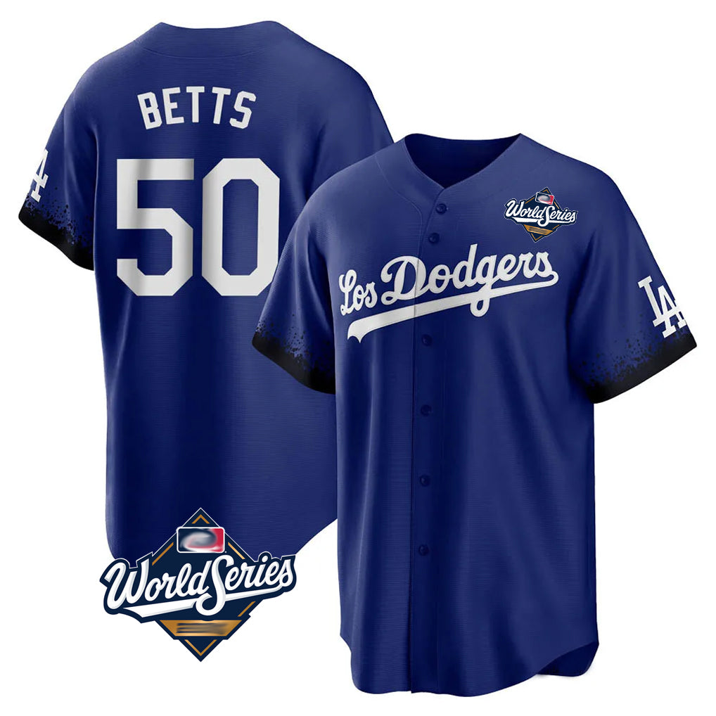 Mdoa LA.Dodgers #50 Mookie Betts Player Royal World Series City Connect Home Game Stitched Jerseys