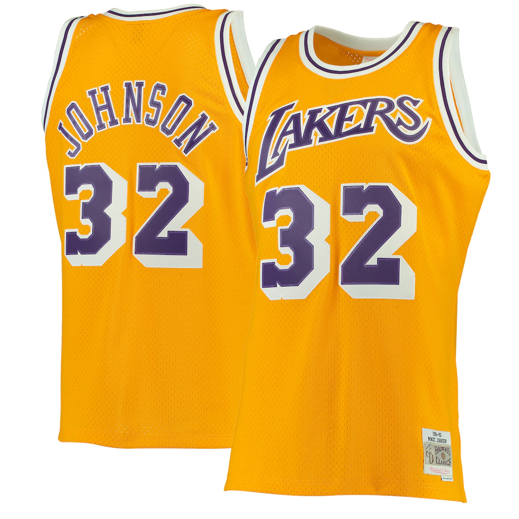 Mdoa LA.Lakers #32 Magic Johnson Mitchell & Ness Gold 1984-1985 Hardwood Classics Authentic Jerseys