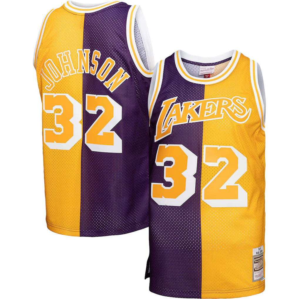 Mdoa LA.Lakers #32 Magic Johnson Mitchell & Ness PurpleGold Big & Tall Hardwood Classics 198485 Split Swingman Jerseys