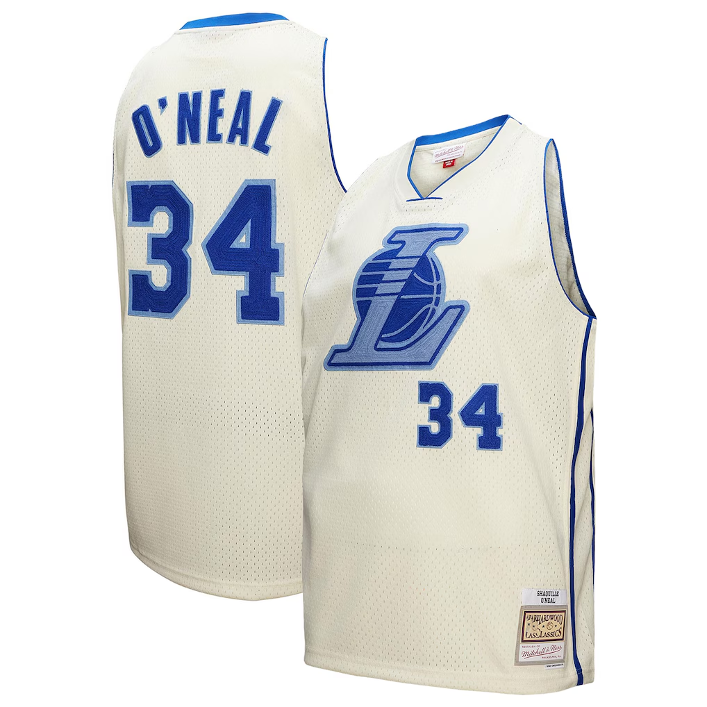 Mdoa LA.Lakers #34 Shaquille O'Neal Mitchell & Ness Cream Chainstitch Swingman Jerseys