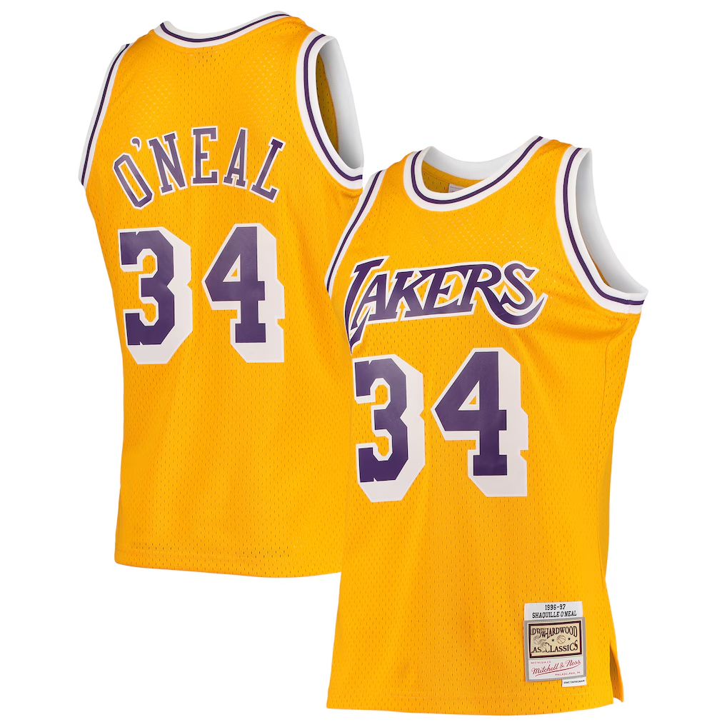 Mdoa LA.Lakers #34 Shaquille O'Neal Mitchell & Ness Gold 199697 Hardwood Classics Swingman Jerseys