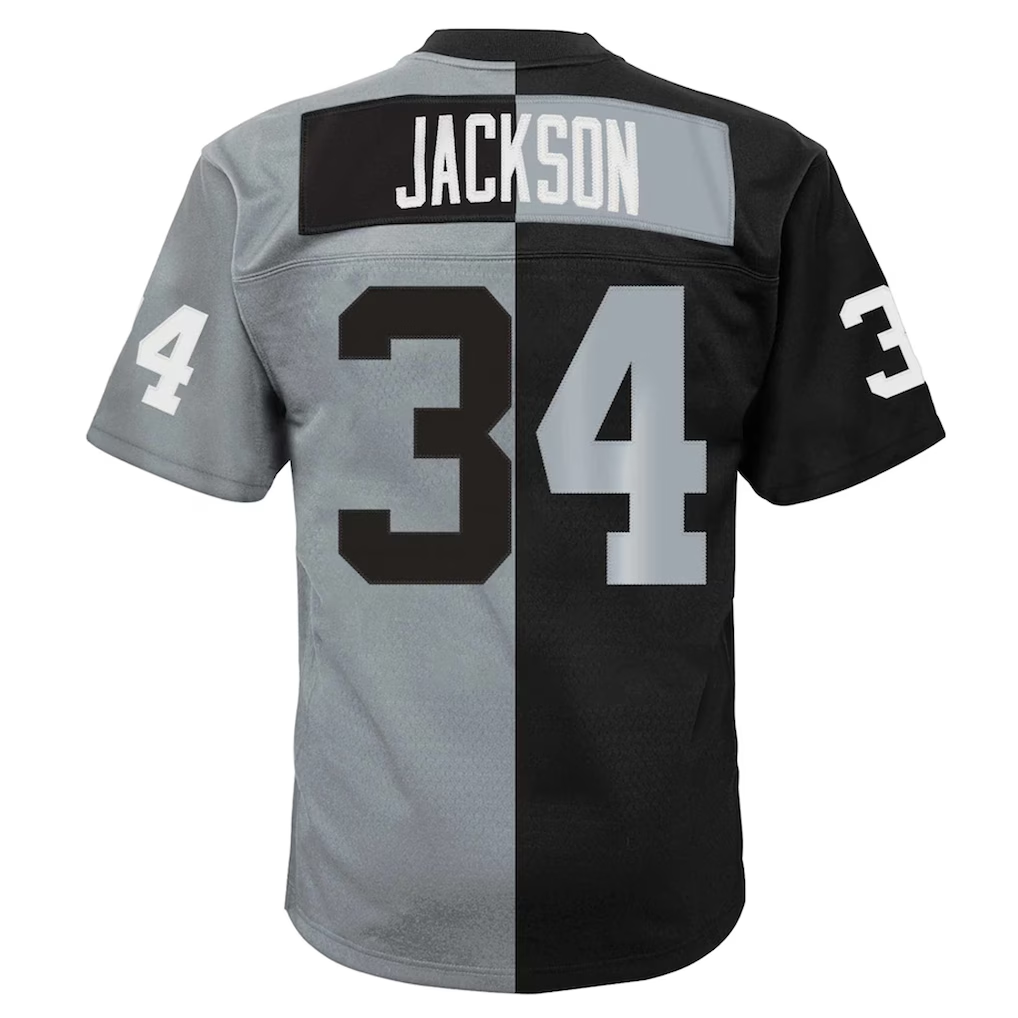 Mdoa LV.Raiders #34  Bo Jackson Mitchell & Ness BlackSilver Big & Tall Split Legacy Retired Player Replica Jersey