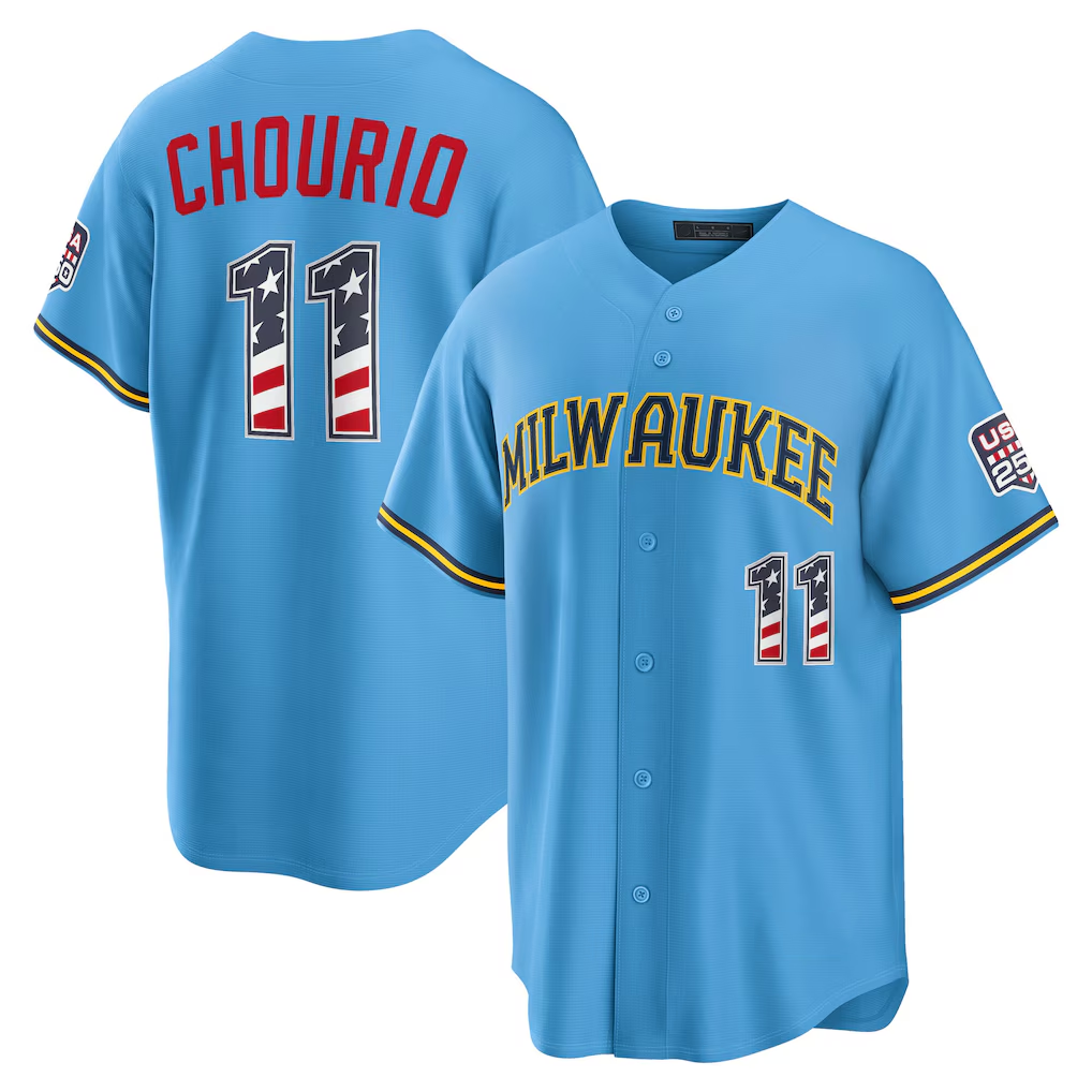 Mdoa M.Brewers #11 Jackson Chourio Light Blue USA 250 Fourth of July Road Stadium Jersey