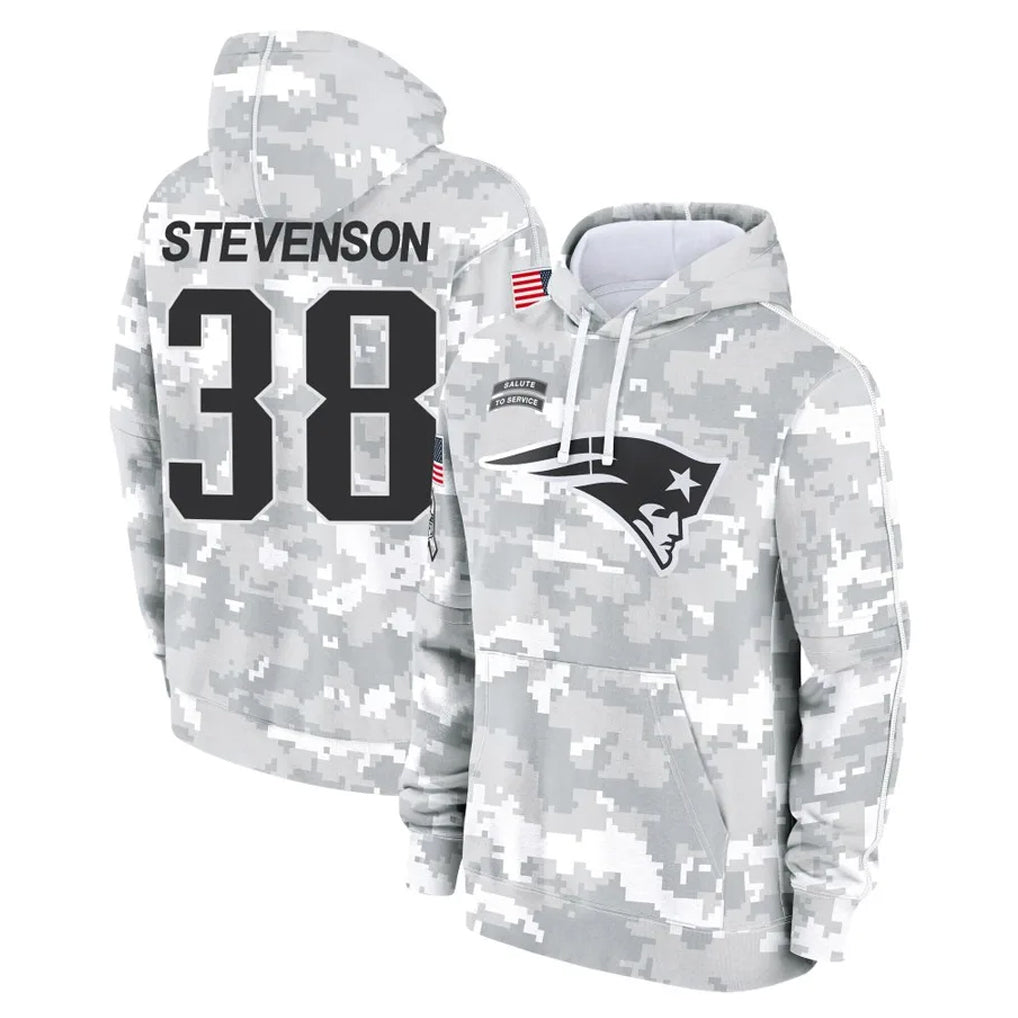 Mdoa NE.Patriots #38 Rhamondre Stevenson Player Arctic Camo Salute to Service Pullover Hoodies Limited Game Stitched Jerseys