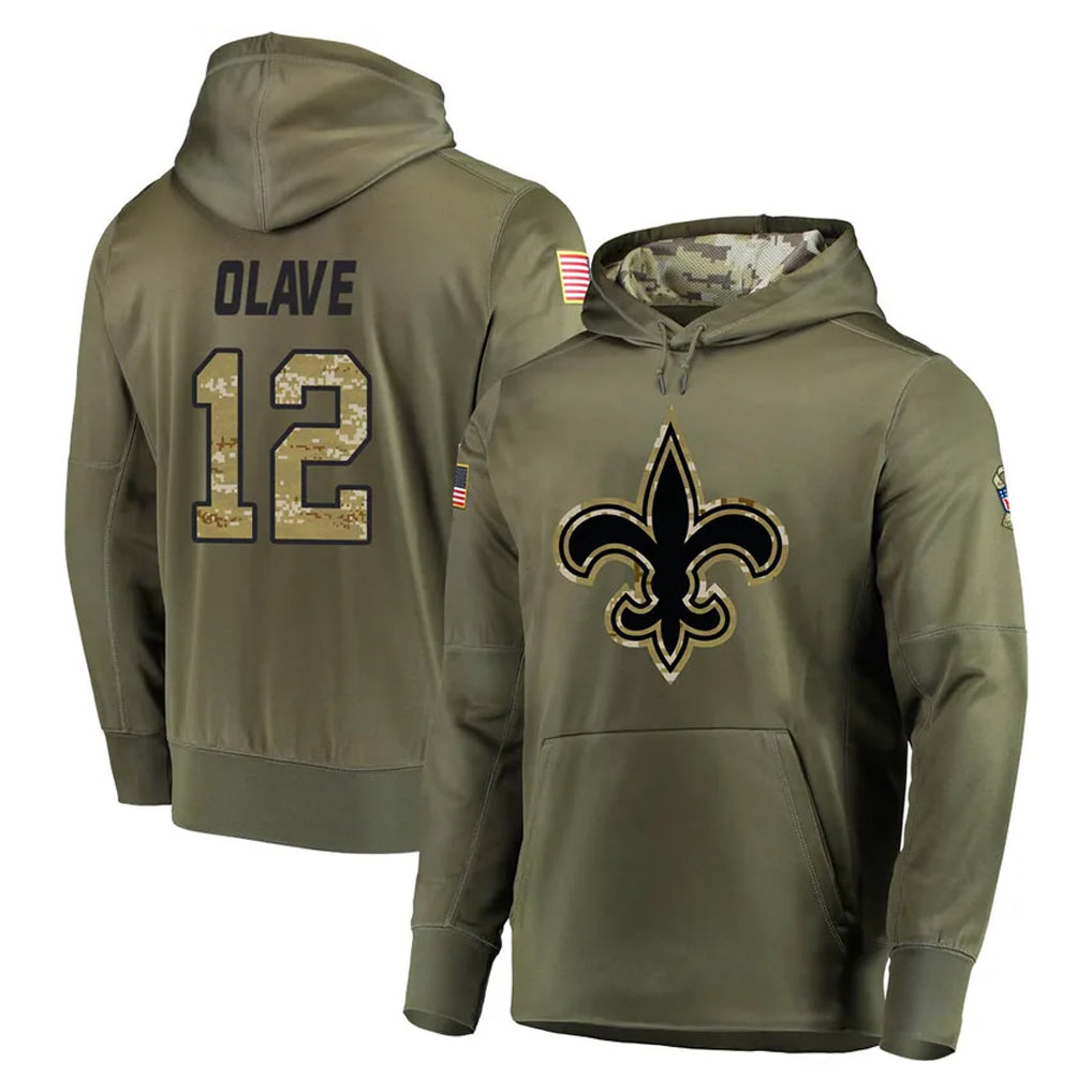 Mdoa NO.Saints #12 Chris Olave Player Olive Salute to Service Pullover Hoodies Home Game Stitched Jerseys