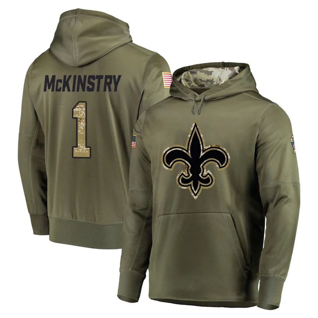 Mdoa NO.Saints #1 Kool-Aid McKinstry Player Olive Salute to Service Pullover Hoodies Home Game Stitched Jerseys