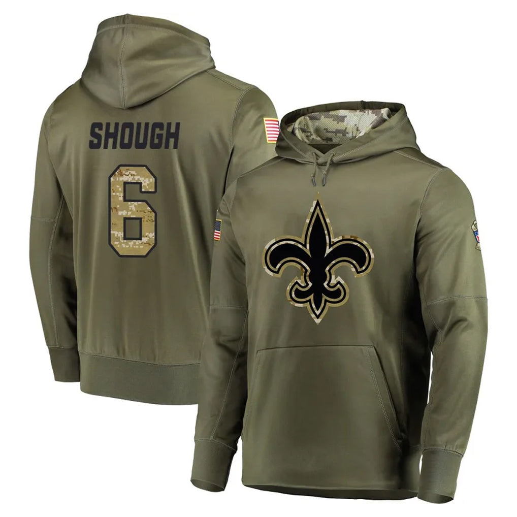 Mdoa NO.Saints #6 Tyler Shough Player Olive Salute to Service Pullover Hoodies Home Game Stitched Jerseys