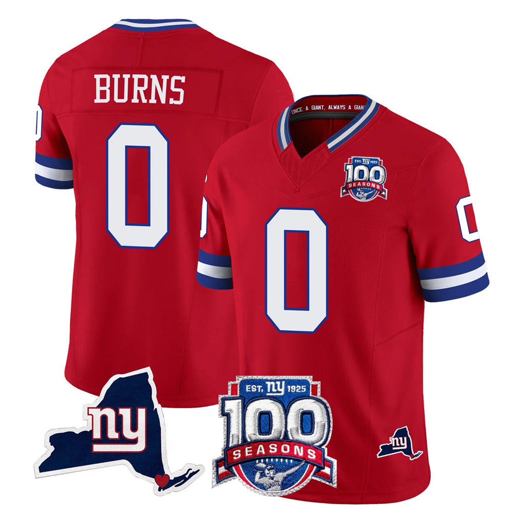 Mdoa NY.Giants #0 Brian Burns Player Red 100th Season & State Patch Vapor Limited Home Game Stitched Jerseys