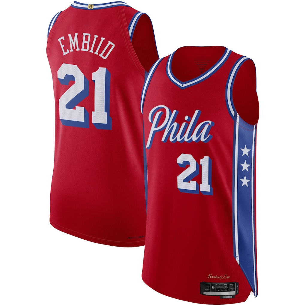 Mdoa P.76ers #21 Joel Embiid Jordan Brand Red Authentic Player Jerseys - Statement Edition