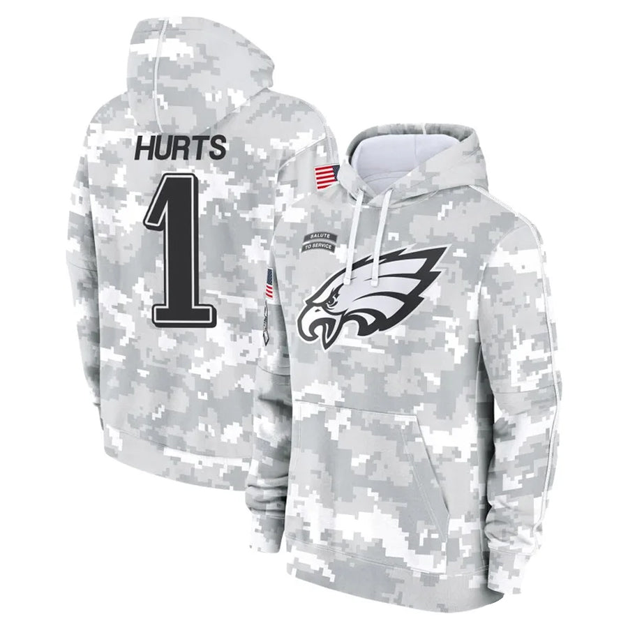 Mdoa P.Eagles #1 Jalen Hurts Player Military Hoodie Arctic Camo Salute To Service Stitched Jerseys
