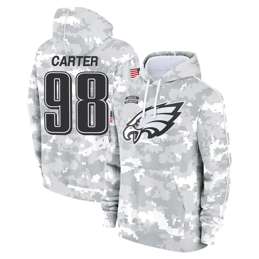 Mdoa P.Eagles #98 Jalen Carter Player Military Hoodie Arctic Camo Salute To Service Stitched Jerseys