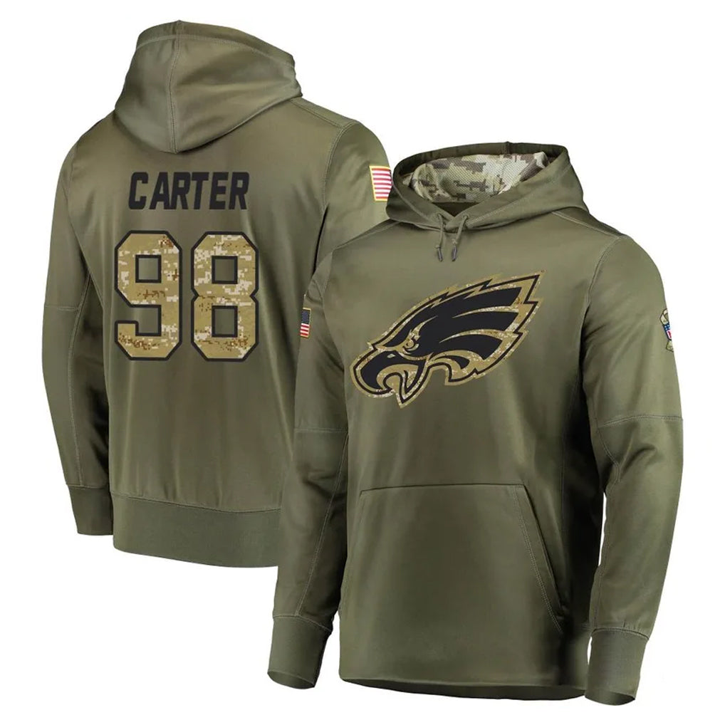 Mdoa P.Eagles #98 Jalen Carter Player Olive Salute to Service Pullover Hoodies Home Game Stitched Jerseys