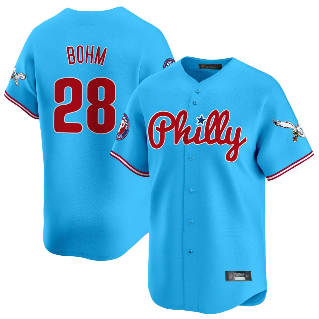 Mdoa P.Phillies #28 Alec Bohm Player Light Blue Phillies & Eagles Vapor Premier Limited Home Stitched Jerseys