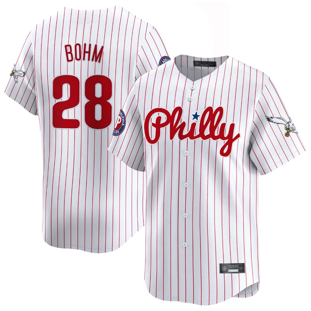 Mdoa P.Phillies #28 Alec Bohm Player White Pinstripe Phillies & Eagles Vapor Premier Limited Stitched Jerseys
