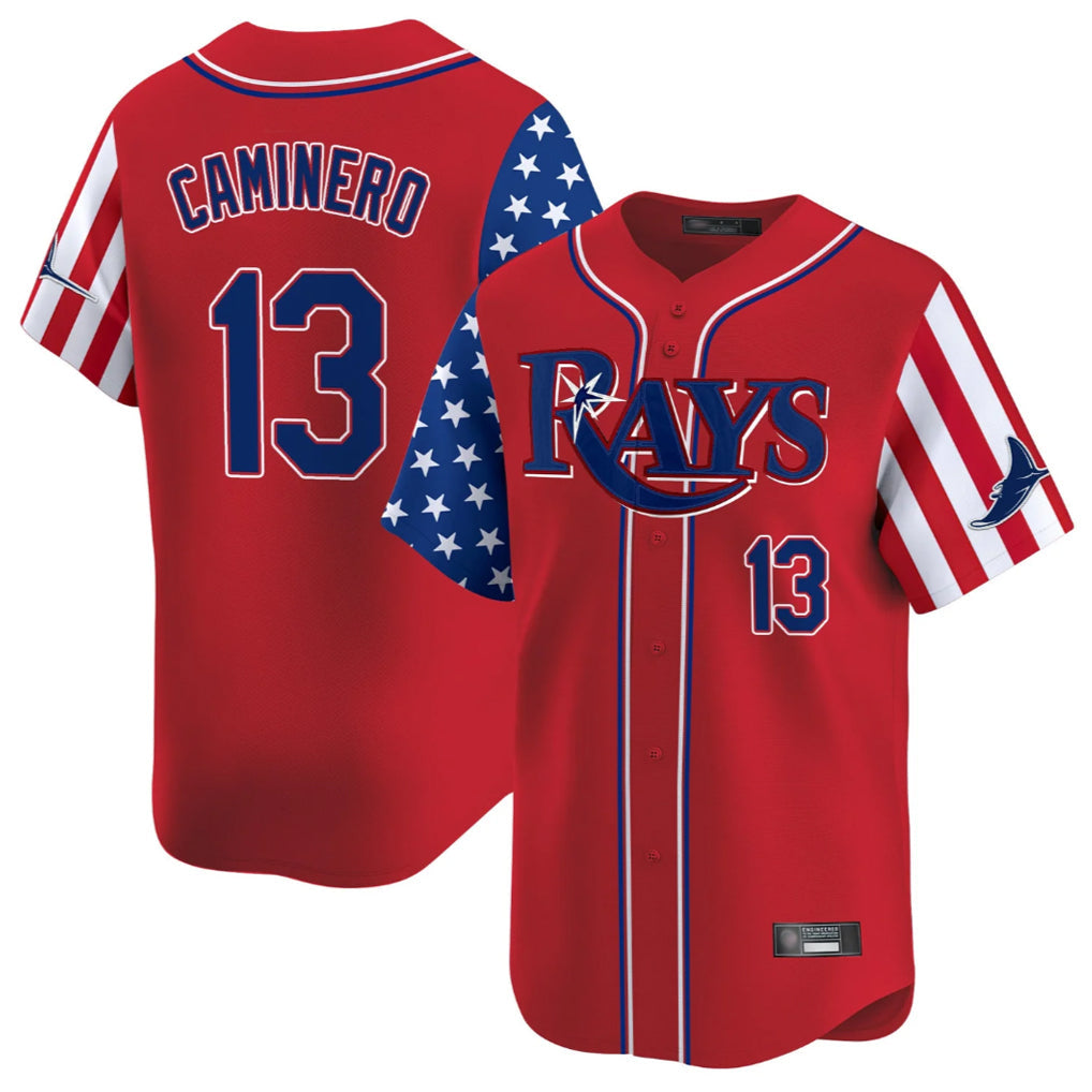 Mdoa TB.Rays #13 Junior Caminero Player Red 2025 Independence Day Vapor Premier Limited Stitched Jerseys