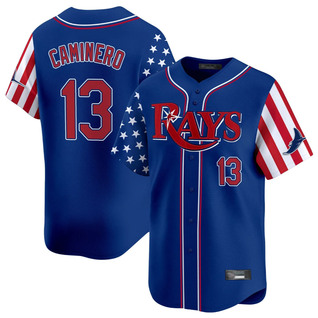 Mdoa TB.Rays #13 Junior Caminero Player Royal 2025 Independence Day Vapor Premier Limited Stitched Jerseys