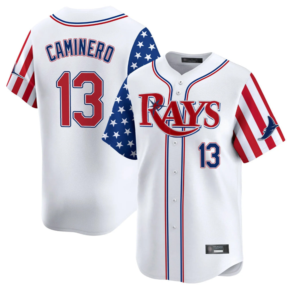 Mdoa TB.Rays #13 Junior Caminero Player White 2025 Independence Day Vapor Premier Limited Stitched Jerseys