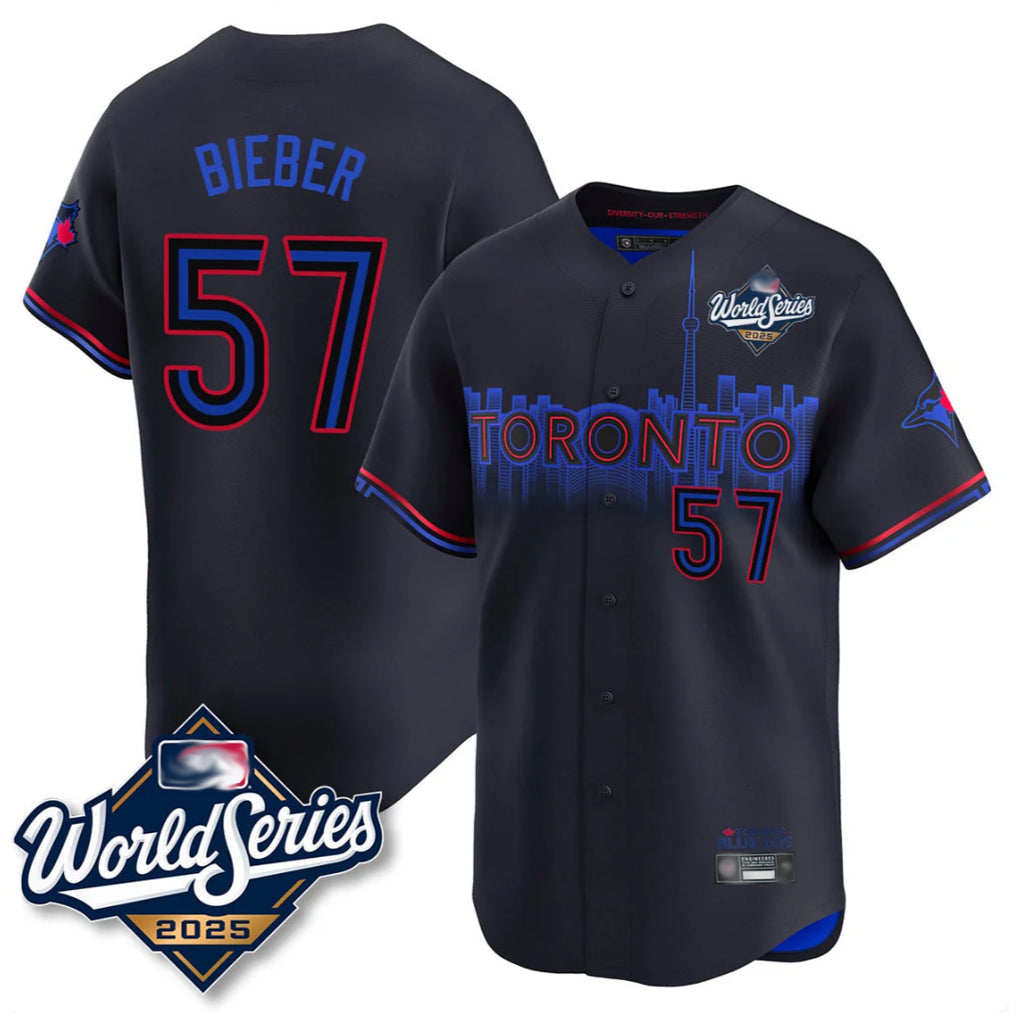Mdoa T.Blue Jays #57 Shane Bieber Player Black 2025 World Series City Connect All Stitched Jerseys