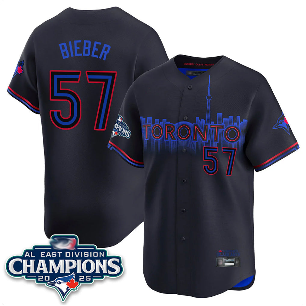 Mdoa T.Blue Jays #57 Shane Bieber Player Black AL East Division City Connect Stitched Jerseys