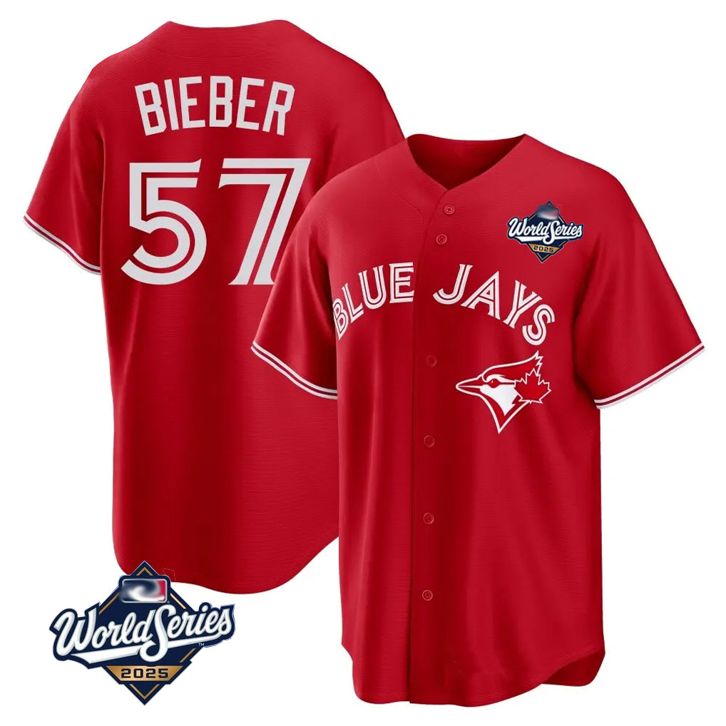 Mdoa T.Blue Jays #57 Shane Bieber Player Red 2025 World Series All Stitched Jerseys