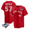 Mdoa T.Blue Jays #57 Shane Bieber Player Red 2025 World Series All Stitched Jerseys