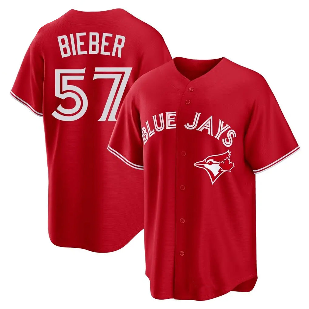Mdoa T.Blue Jays #57 Shane Bieber Player Red Home Stitched Jerseys