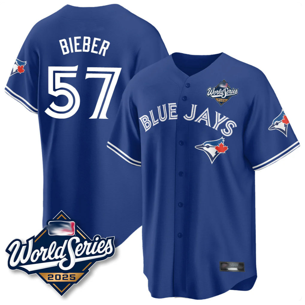 Mdoa T.Blue Jays #57 Shane Bieber Player Royal 2025 World Series All Stitched Jerseys