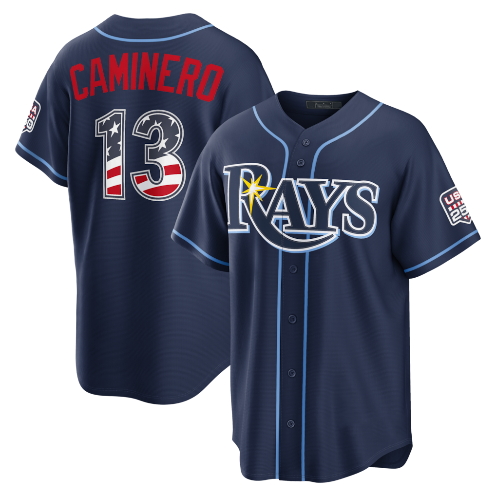 Mdoa TB.Rays #13 Junior Caminero Navy USA 250 Fourth of July Road Stadium Jersey