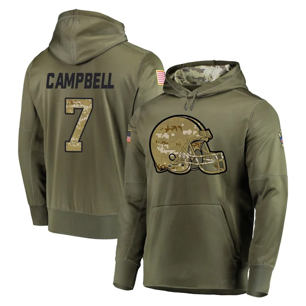 C.Browns #7 Tyson Campbell Player Olive Salute to Service Pullover Hoodies Home Game Mdoa Stitched Jerseys