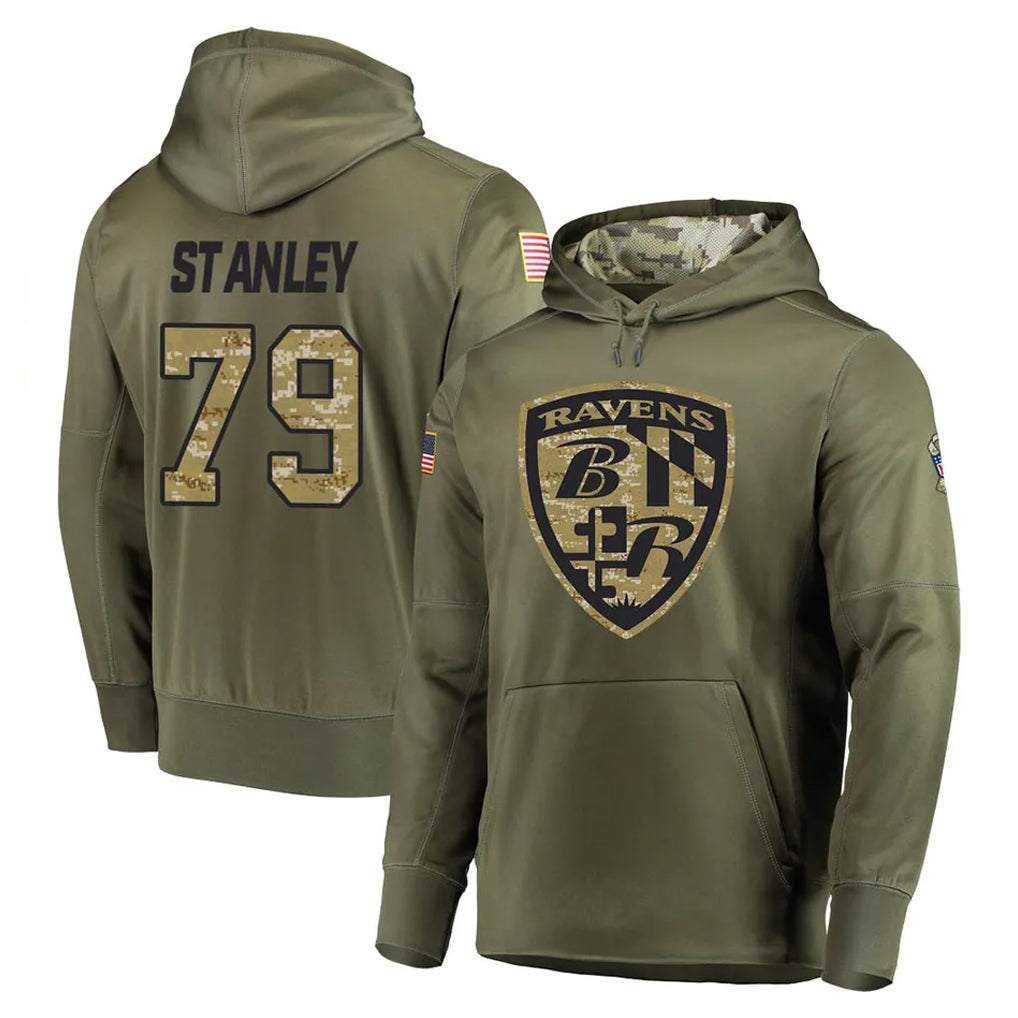 B.Ravens #79 Ronnie Stanley Player Olive Salute to Service Pullover Hoodie Mdoa Stitched Jerseys