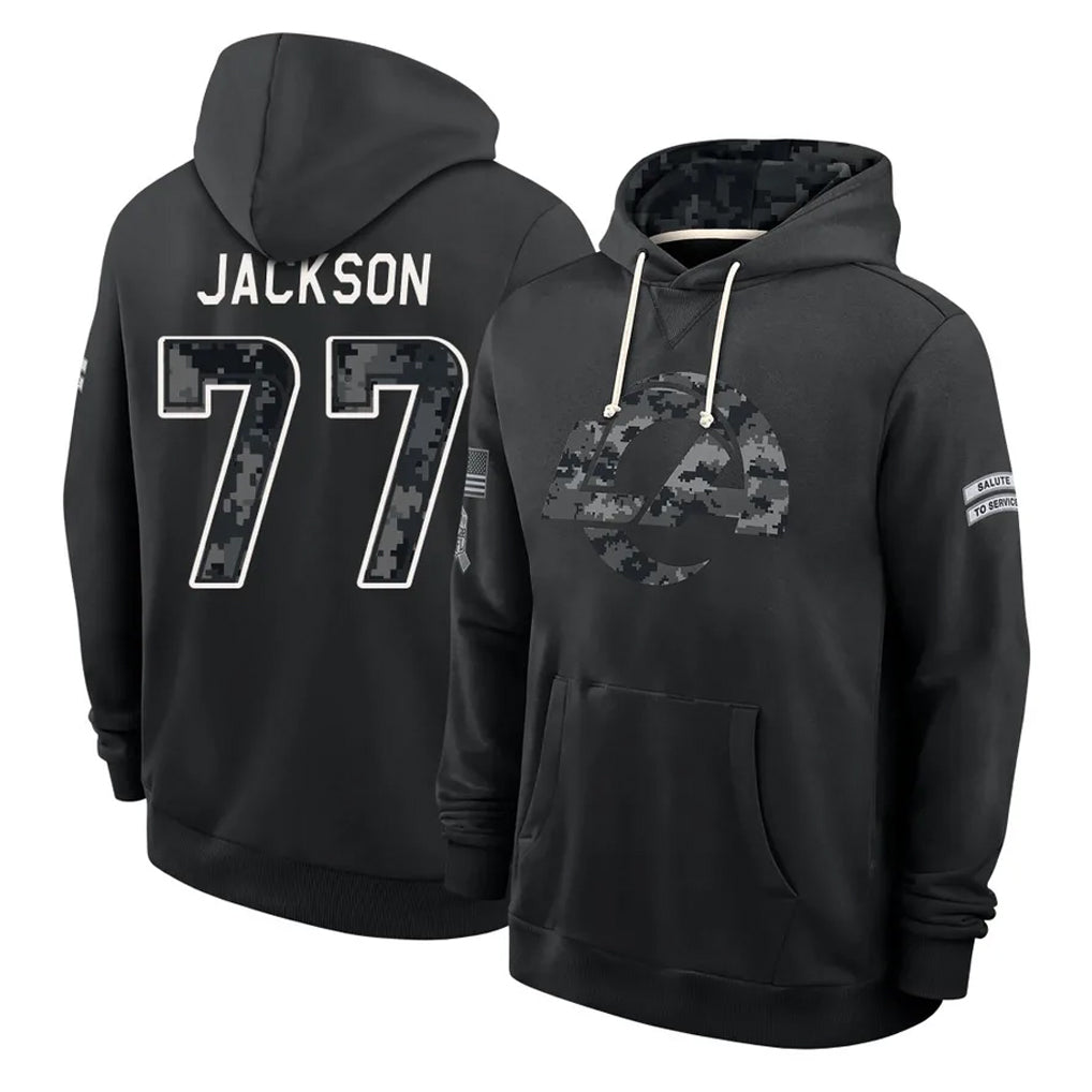 LA.Rams #77 Alaric Jackson Player 2026 Black Logo Pullover Hoodies Limited Game Mdoa Stitched Jerseys