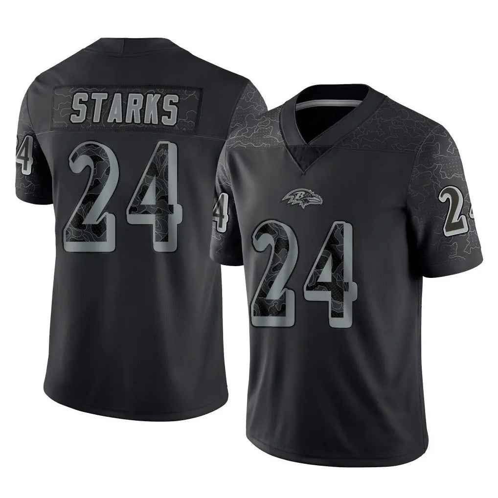 B.Ravens #24 Malaki Starks Player Black REFLECTIVE Limited Mdoa Stitched Jerseys