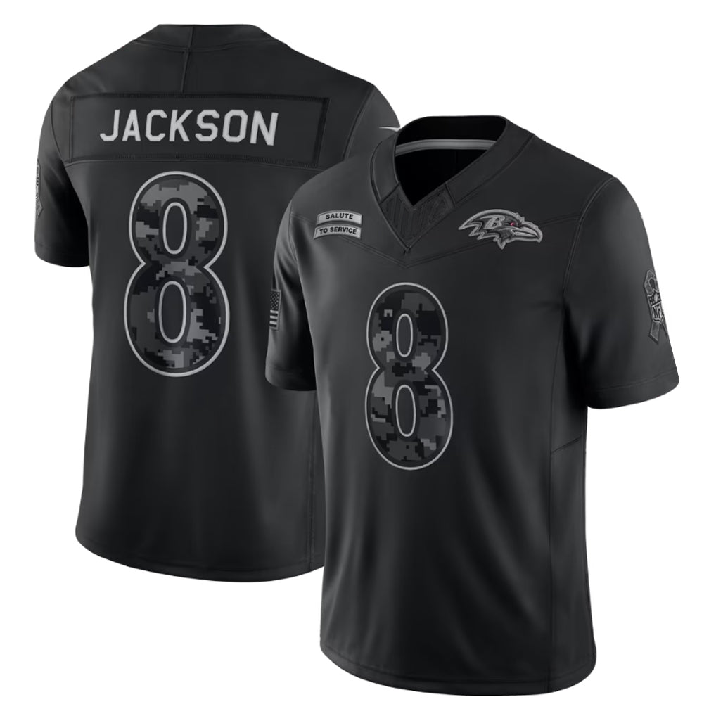 B.Ravens #8 Lamar Jackson Player Black Limited 2026 Salute to Service Home Game Mdoa Stitched Jerseys