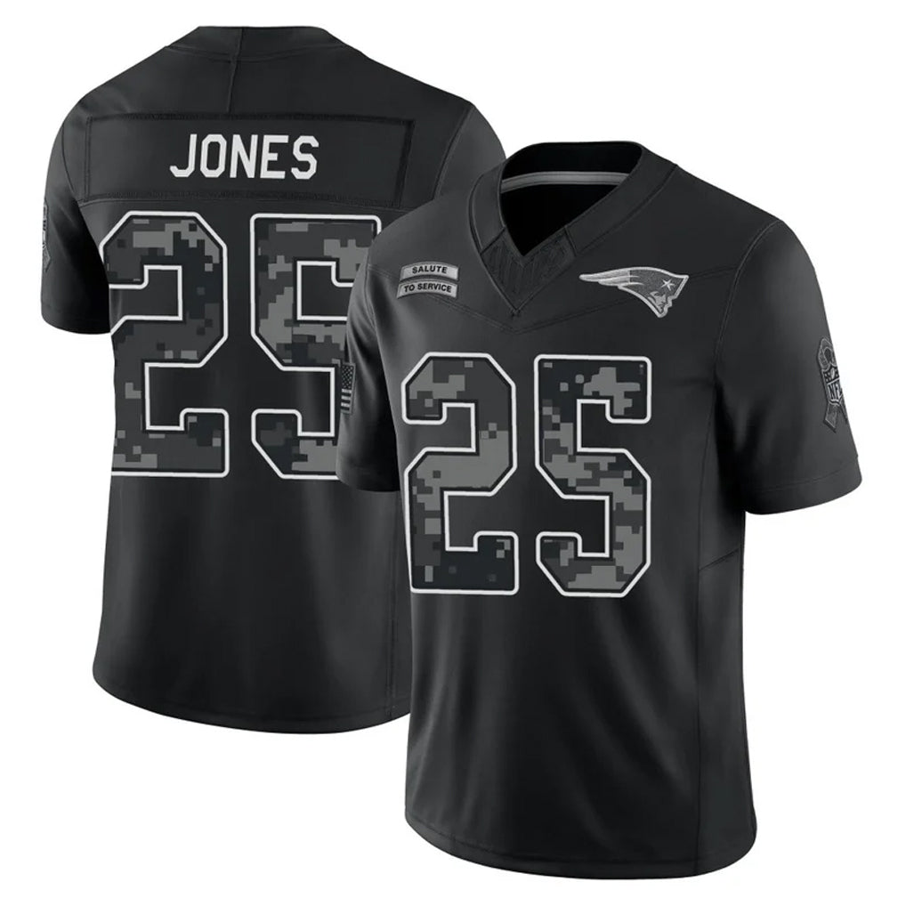 NE.Patriots #25 Marcus Jones Player Black Limited 2026 Salute to Service Home Game Mdoa Stitched Jerseys